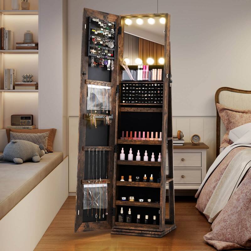 Costway 360° Swivel Jewelry Cabinet with Lighted Full Length Mirror & - See Details