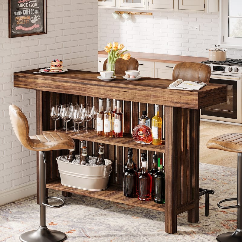 Home Bar Unit, Modern 2-Tier Bar Table with Footrest - 15.75"D x 62.99"W x 41.54"H