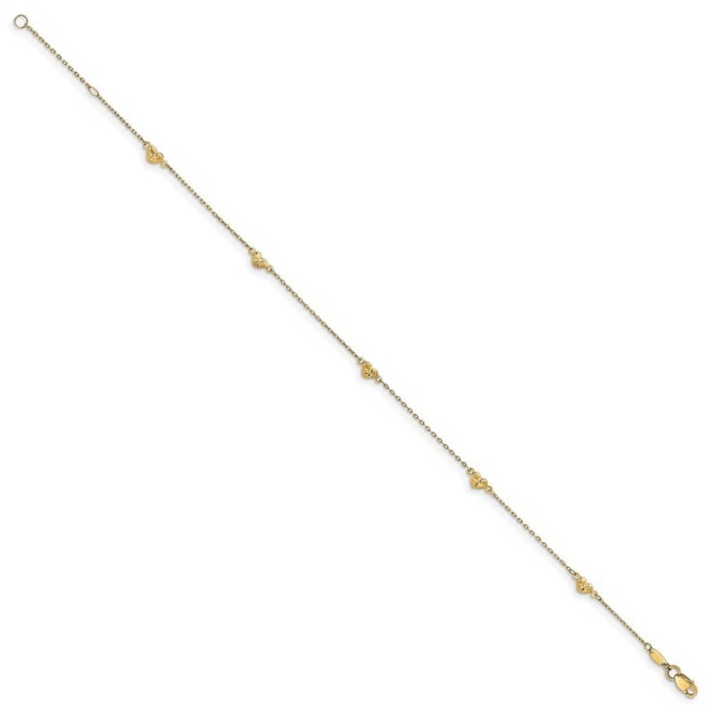 Curata Women's Italian 14k Yellow Gold Polished and Diamond-Cut Heart Anklet - 9+1 Inch