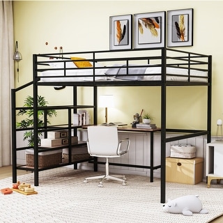 Roomfitters Full Size Metal Loft Bed with Desk, Lateral Storage Ladder, and Space-Saving Design for Kids, Black