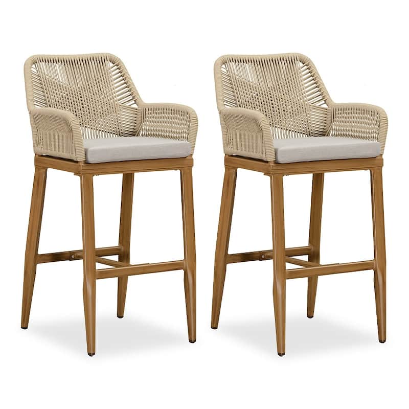 PURPLE LEAF Outdoor Bar Stools Chair Set of 2, All Weather Rattan and Aluminum Patio Bar Stool with Cushion - Brown-High stool