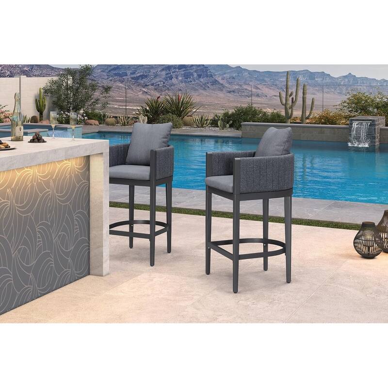 PURPLE LEAF Bar Stool Set of 2 Outdoor Rattan Bar Chair with Back Metal Bar Height Stool Wicker Barstool Dark Grey