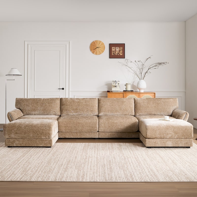 Modular Sectional Sofa U Shaped Couch w/ Type-C Charger & Ottomans - Khaki