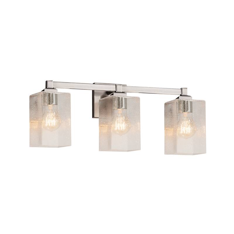 Justice Design Fusion Regency 3-Light Bath Bar, Seeded Square w/ Flat Rim Shade - Brushed Nickel