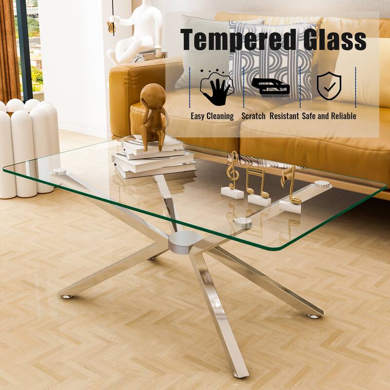 39.37" Rectangular Clear Tempered Glass Coffee Table,Stylish Design with silver Metal Legs, Coffee Table