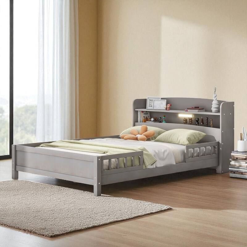Twin/Full Size Wood Platform Bed with LED Light, Storage Headboard and Guardrail, No Box Spring Needed