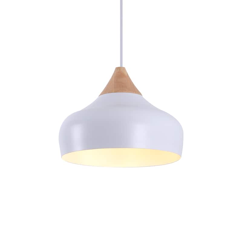 Aurora 13 in. 60-Watt 1-Light Pendant Light with Metal Round Shade and Natural Rubber Wood Top - White