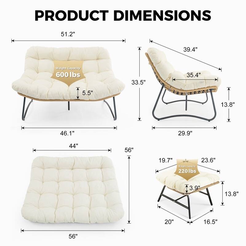 FINCATI 2-Person Outdoor/Indoor Wicker Lounge Egg Chair Loveseat, Oversized 51" Patio Club Chair with 5.5" Cushion