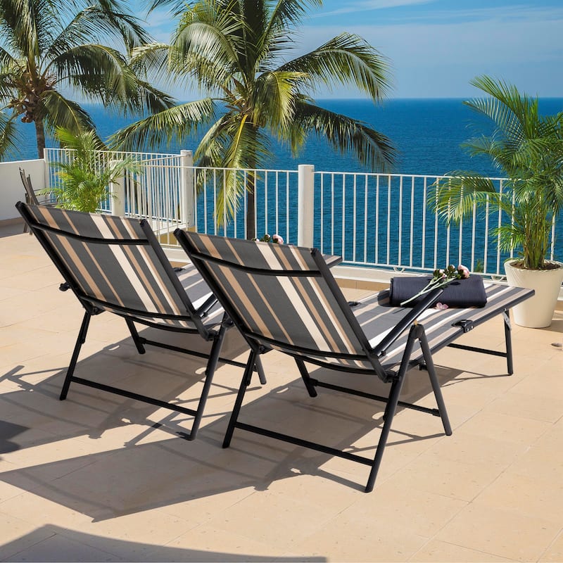 Outdoor Folding Chaise Lounge with 7-Position Adjustable Backrest and Armrests, Taupe Stripes - N/A