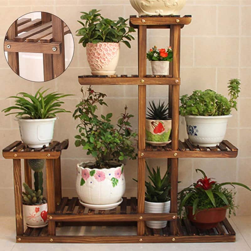 Multi Tier Wood Flower Rack Plant Stand Shelves Bonsai Display Indoor - Brown