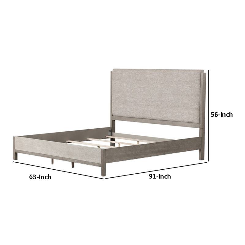 Rizvi Queen Size Bed, Upholstered Headboard, Gray Fabric, Solid Wood