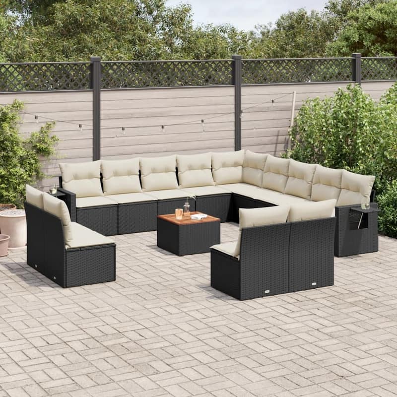 vidaXL Garden Sofa Set 14 Piece with Cushions Outdoor Sofa Set Poly Rattan - Black and Cream - 24.4 x 24.4 x 27.2 in (W x L x H)