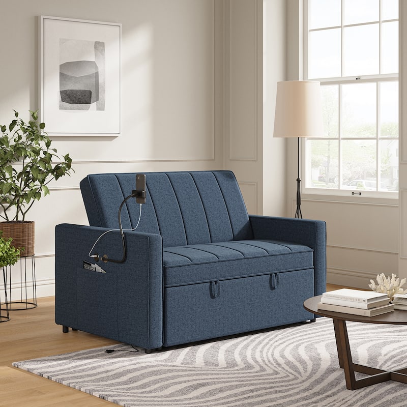Duane Modern Upholstered Sleeper Sofa with Mobile Phone Holder by HULALA HOME - Navy
