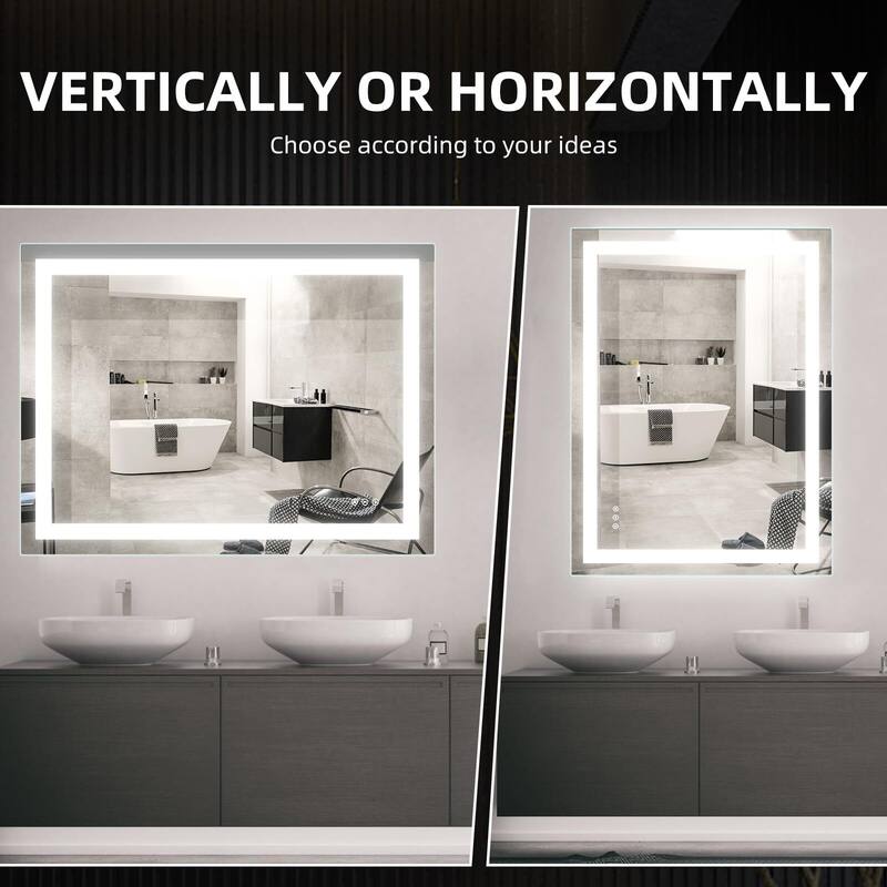 LED Bathroom Mirrorwith Front and Backlight, Stepless Dimmable Wall Mirrors with Anti-Fog