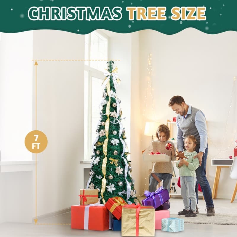 7 FT Fully Decorated Pre-lit Pop Up Artificial Xmas Tree with 200 Warm Lights Remote Control