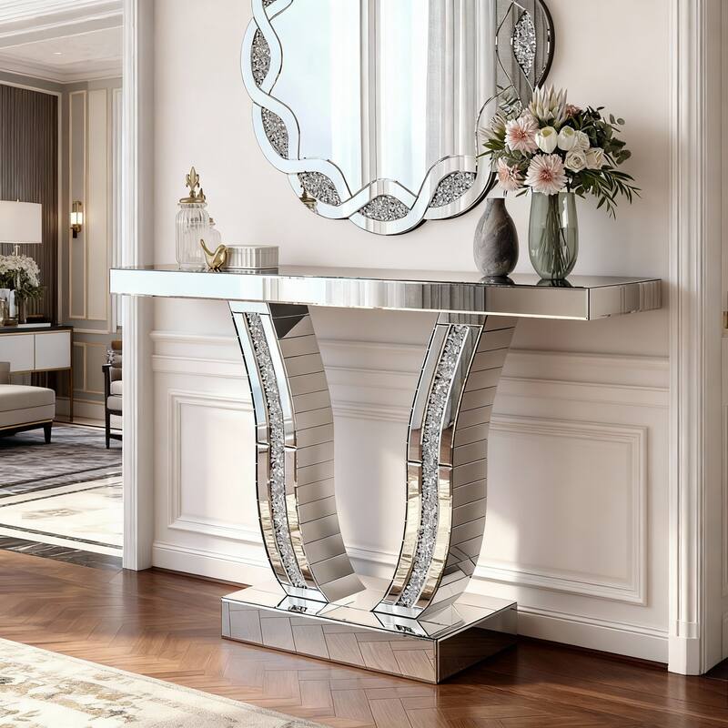 43 Inch Mirrored Console Table, Modern Silver Entryway Sofa Table with Curved Stone-Inlaid Legs, Silver Glam Entryway Table