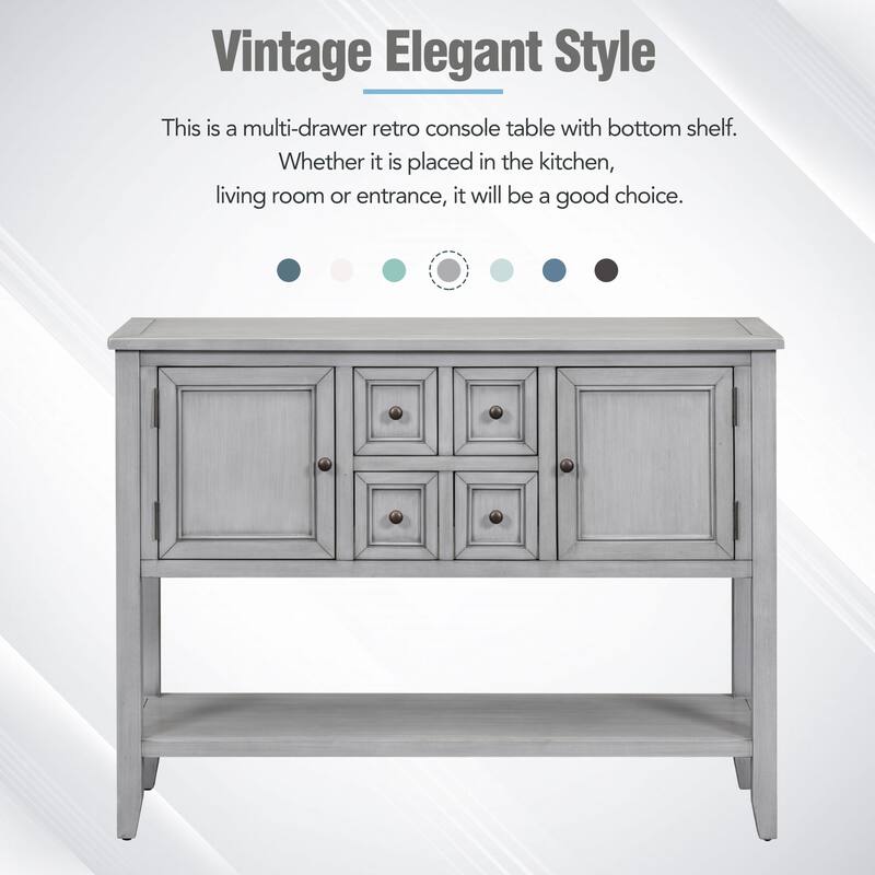 Ample Storage Vintage Console Table With Four Small Drawers And Bottom Shelf