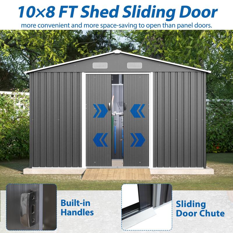 10X8 FT Outdoor Storage Shed Metal Lockable Grey