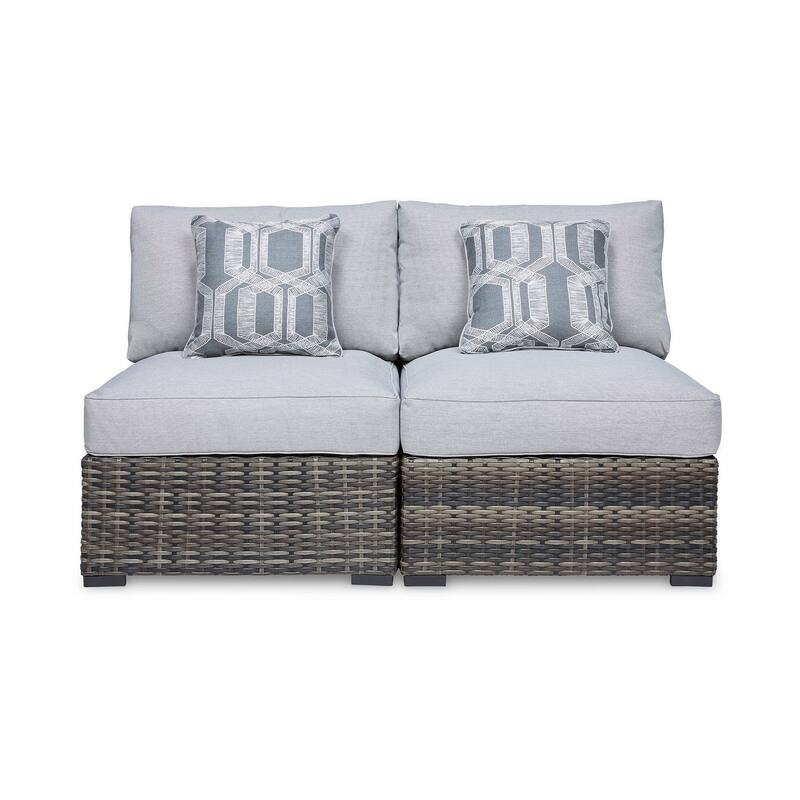 Saki 35 Inch Outdoor Armless Chair Set of 2 with 2 Pillows, Wicker, Gray