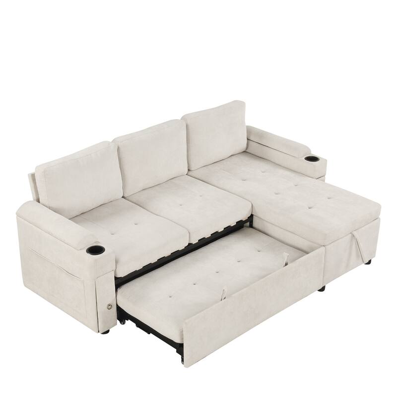 L-Shaped Convertible Sofa Bed with Reversible Chaise Lounge, Chenille Fabric Sectional Sofa with 2 Cup Holders & 2 USB Ports