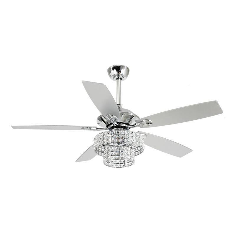 52-inch Modern Chrome 5-Blades 2-Tire Crystal Shade Ceiling Fan with Remote and Light Kit - 52-in W