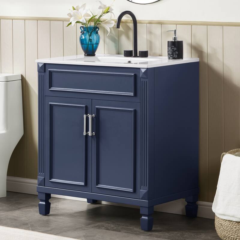 Modern 30" Freestanding Bathroom Vanity Cabinet Wood Frame with Ceramic Sink and Soft-Close Storage - Dark Blue