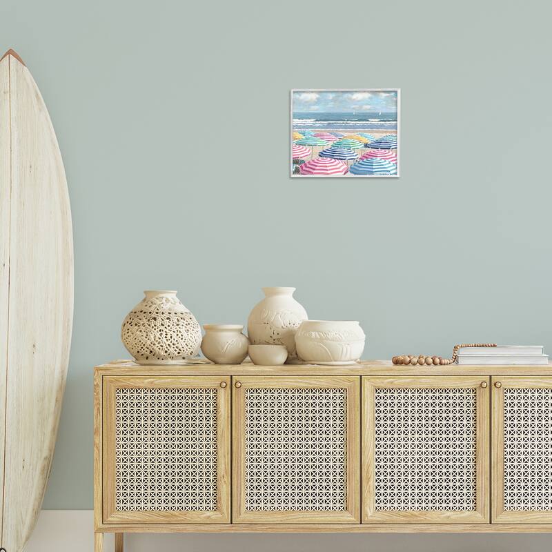 Stupell Shore with Bright Umbrellas Framed Giclee Art Design By Amber Sterling