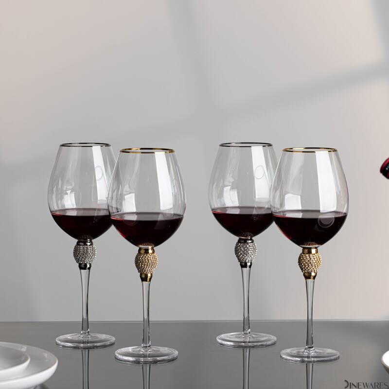 Rimmed Red Wine Glasses with Diamond Rhinestone Accent - 18 oz, 10 Inches Tall - Perfect Toasting Glasses for Bride and Groom