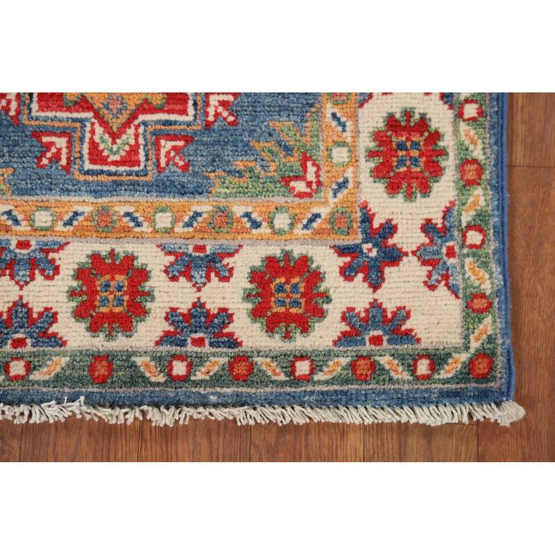 Hand Knotted Oriental 100% Wool Carpet Traditional Geometric Navy Blue & Blues Kazak Area Rug - 3' 1'' X 1' 11''