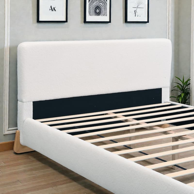 Boucle Upholstered Bed Frame, Soft White Fabric Platform Bed with Solid Wood Legs