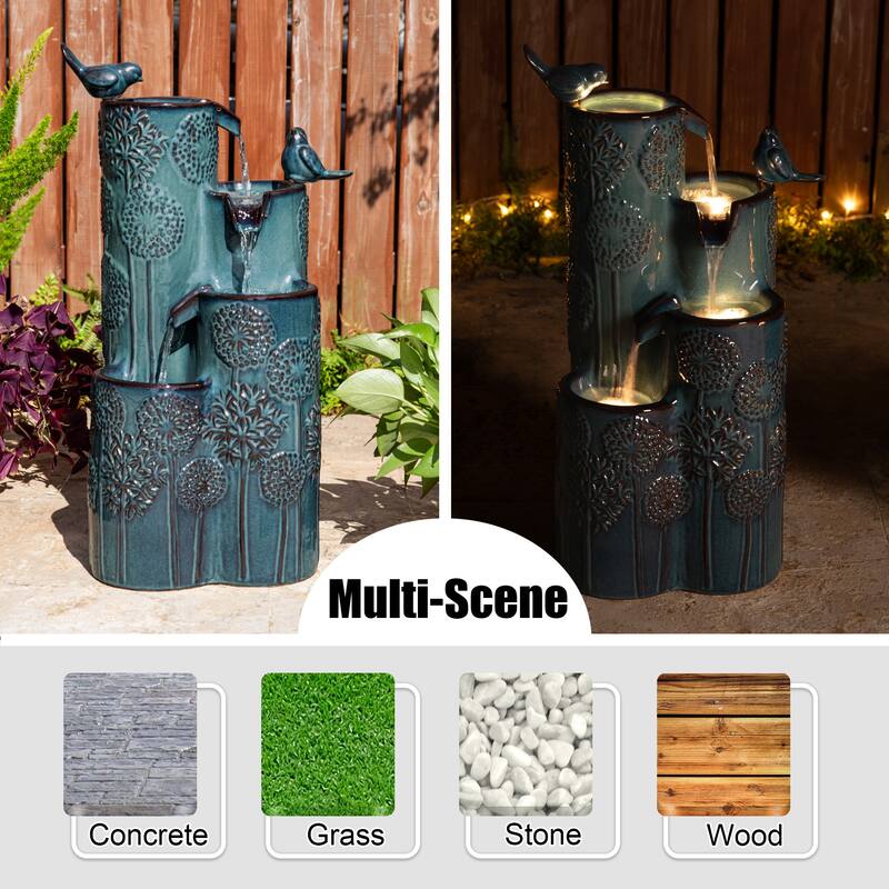 Glitzhome 27" H 4-Tier LED Ceramic Outdoor Floor Fountain with Birds, Cobalt Blue Turquoise Dandelion Texture Vase-Shaped