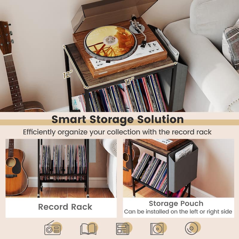 2 Tier Vinyl Record Stand with Turntable Table Magazine Holder Industrial Metal Frame Storage Shelf with Wheels