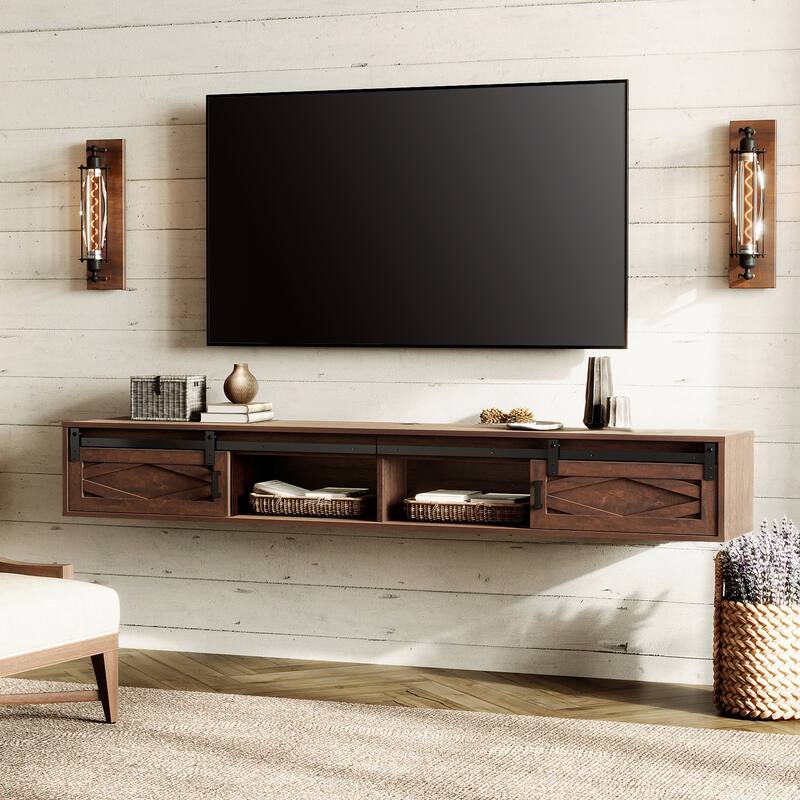 Floating TV Stand with Charging Station for TVs up to 80 Inches - Brown