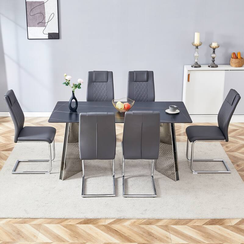 Roomfitters 7pcs Marble Pattern Dining Table Set with Stainless Butterfly Legs and PU Upholstered Chairs - Grey