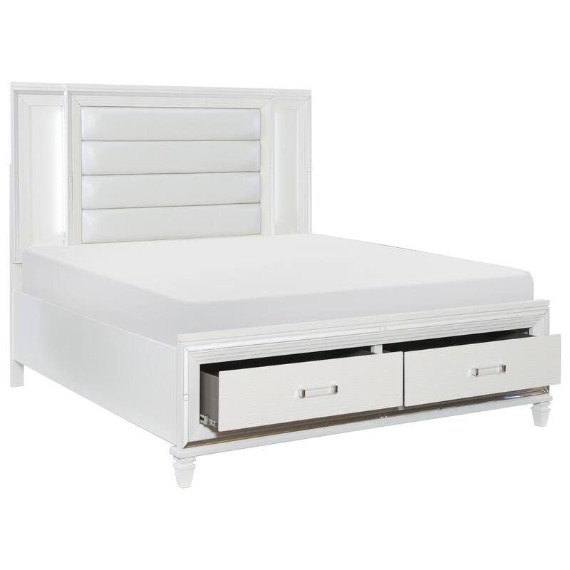 Glam White Bedroom 3pc Set LED Storage Bed and 2x Nightstands