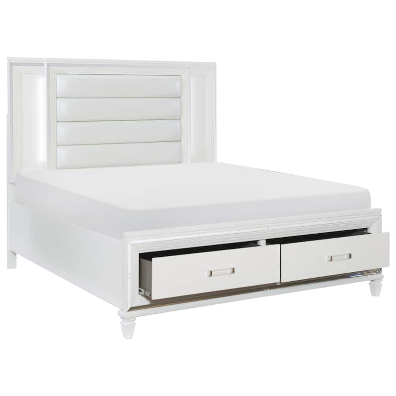 White Finish Platform Storage Bed 1pc Footboard Drawers