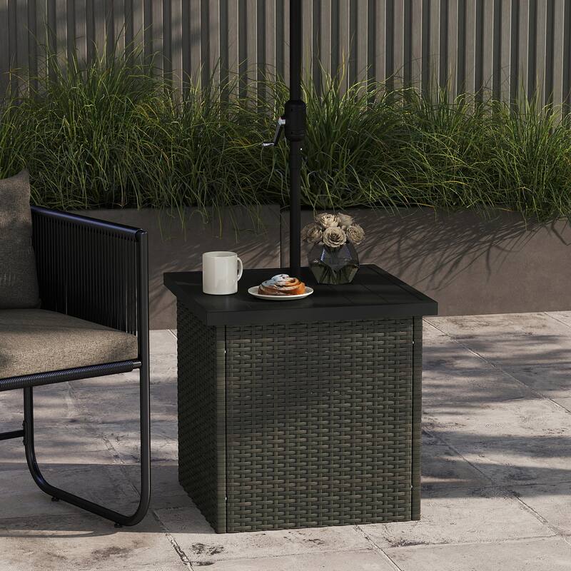 Steel PE Rattan Patio Side Table with Umbrella Base - 20" L x 20" W x 20" H