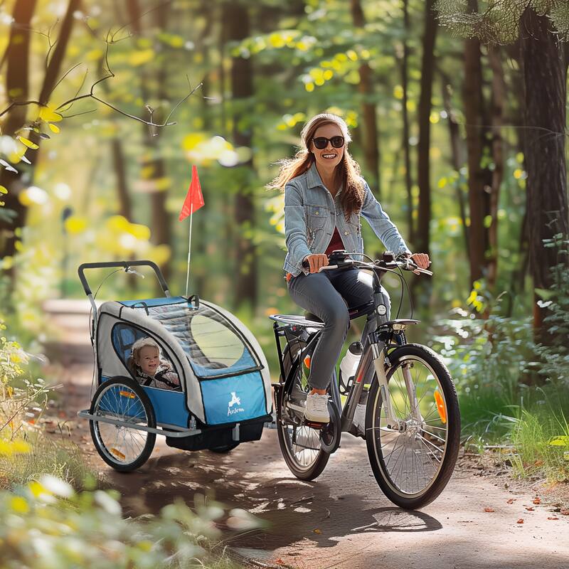 2-Seat Baby Bike Trailer for Kids with Safety Harness, Removable Canopy, Ample Storage