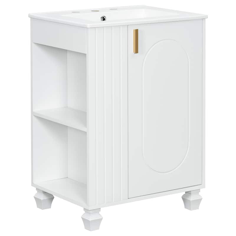 Anmytek 24 Inch Bathroom Vanity Cabinet with Sink Side Open Storage Door Shelf Solid Wood Frame Soft Closing Door White