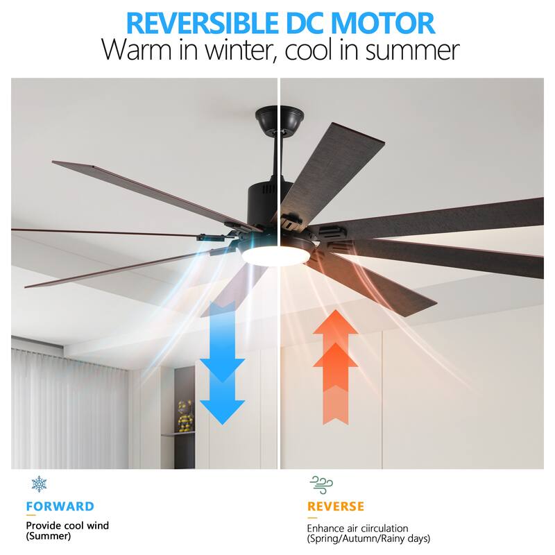 72" Walnut LED Ceiling Fan Light with 8 Wooden Blades, Remote Control, Adjustable Color Temperature for Living Room, Bedroom