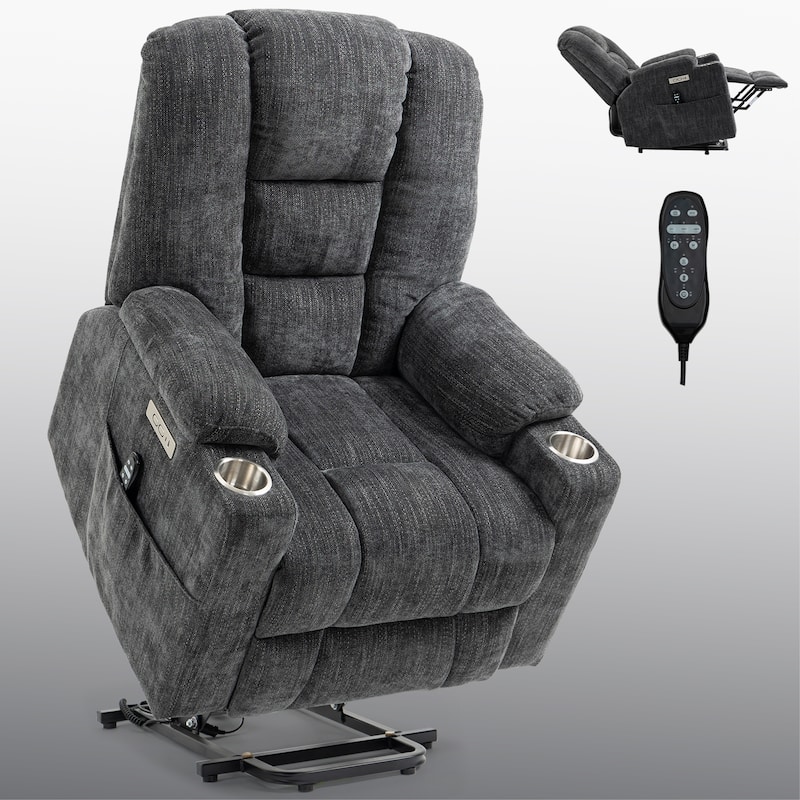 Grey Large Power Lift Recliner Chair with Massage, Heat, Dual USB Ports, Type C Charging, and Cup Holders