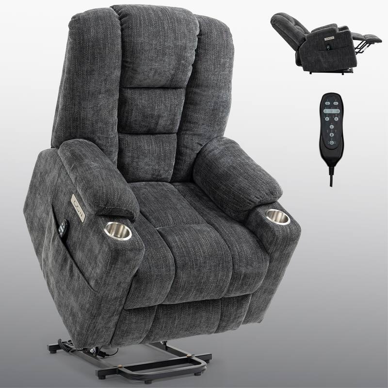 Grey Large Power Lift Recliner with Heat, USB & Cup Holders