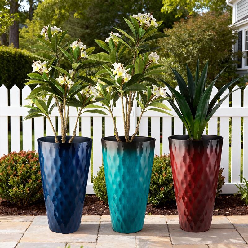 Glitzhome 23.75"H Set of 2 Oversized Wavy Texture Cobalt Blue/Turquoise/Red Tall Plastic Planter