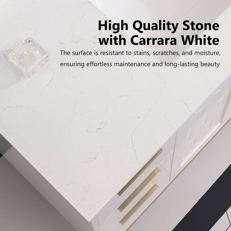 35''H Solid Wood Bath Vanity with Stain-resistant Carrera White Quartz Top and Sink