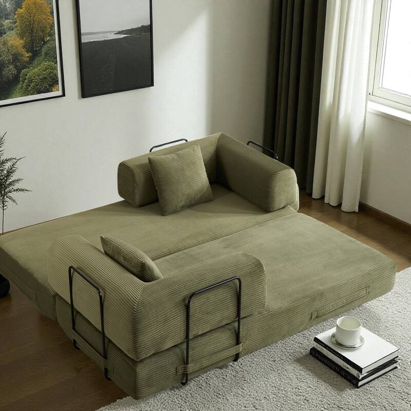 Convertible Corduroy Sleeper Sofa Bed, 4-in-1 Folding Mattress Couch with Cylindrical Pillow & Fixed-Shape Frame, No-Assembly