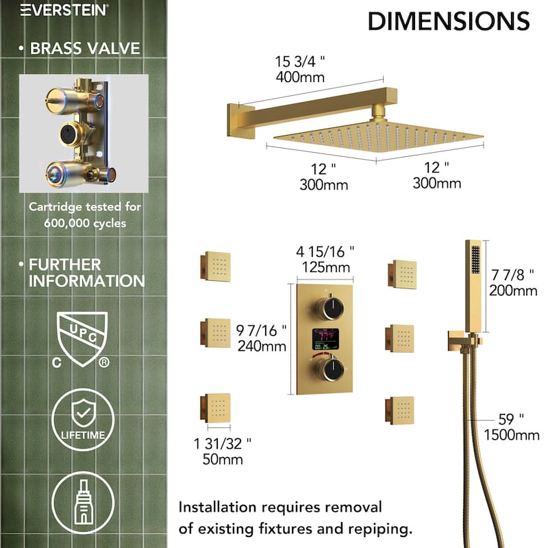 LCD Digital Display Shower System ,12" High-Pressure Rainfall Shower Head with Pressure-Balanced Valve