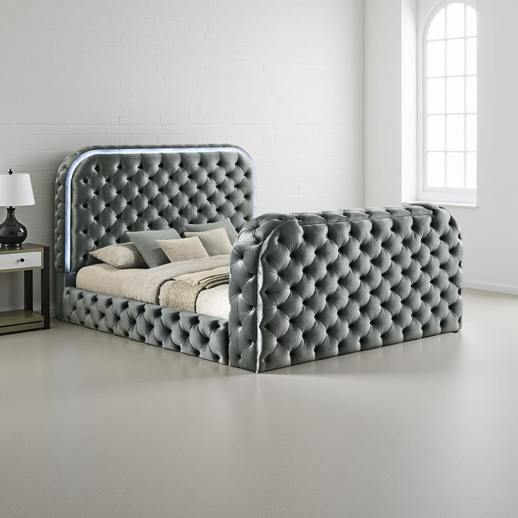 Kerie Queen Bed with LED Fireplace, Hidden Lift TV Stand, Gray Velvet