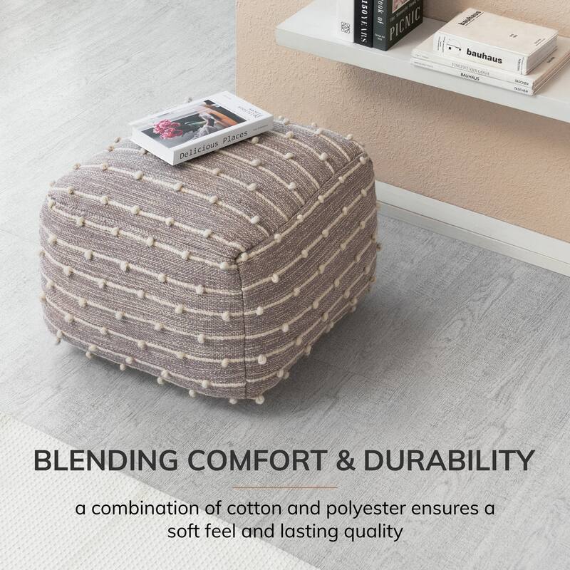 Jani Georgette 22 x 22 x 16 Gray & Ivory Square Pouf Ottoman - Handmade Footrest for Living Room, Bedroom