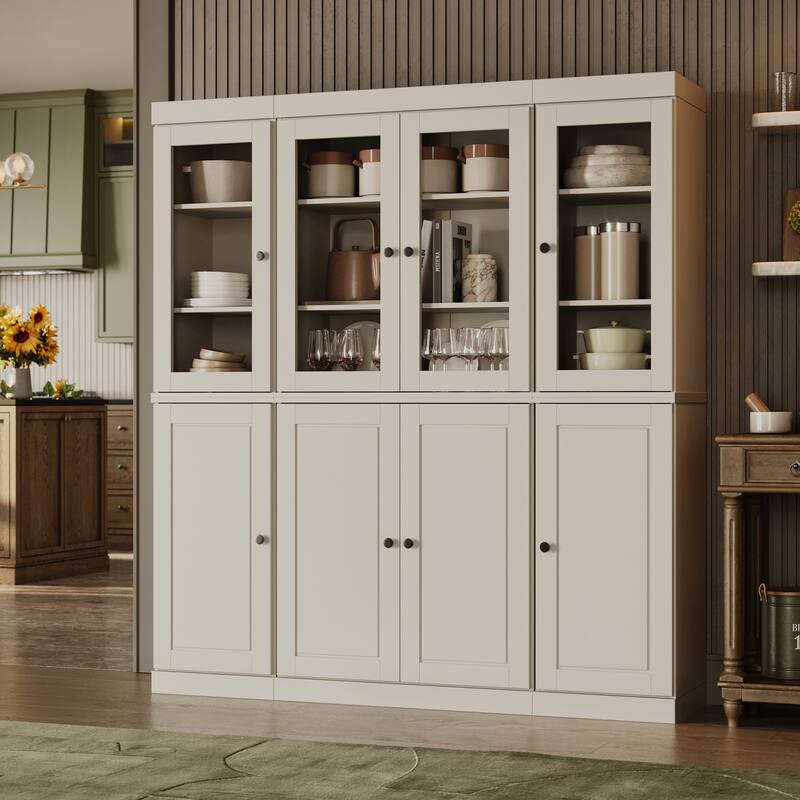 100% Solid Wood Tall Kitchen Pantry Cabinet with Glass Doors, Adjustable Shelves, Modular Storage, 65" W x 71.5" H - 65" x 71.5" - Off White