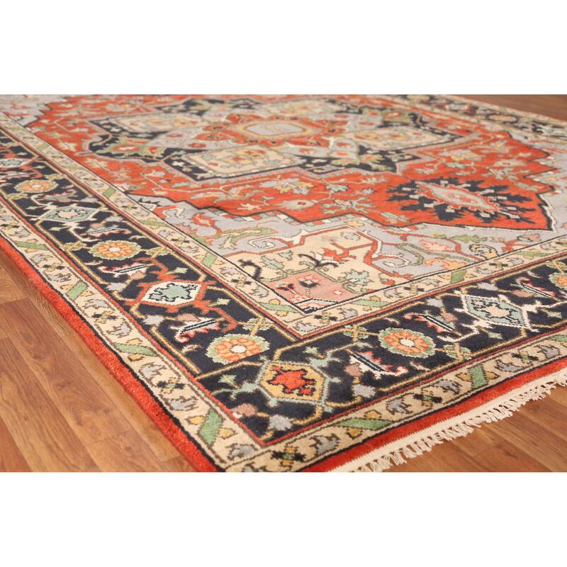 Geometric Heriz Serapi Indian Area Rug Hand-Knotted Wool Carpet - 8'11" x 12'1" - Orange - 8'11" x 12'1"